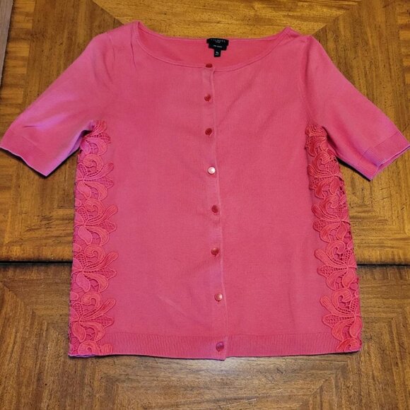 Talbots Pink Short Sleeve Lace Trimmed Cardigan - Picture 1 of 12